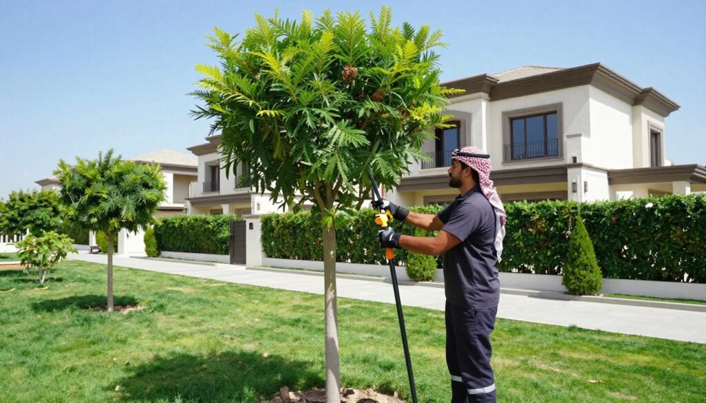 قص وتقليم أشجار في حديقة منزل كويتية مع عامل محترف