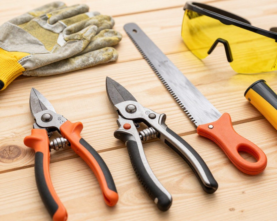مجموعة أدوات تقليم الأشجار الاحترافية مرتبة بشكل منظم
