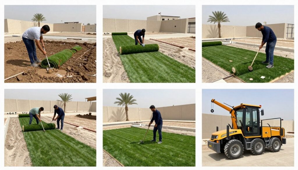 مراحل تركيب الثيل الطبيعي في الحدائق الكويتية