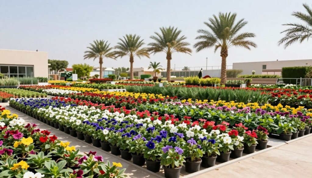 مشاتل نباتات في الكويت مع مجموعة متنوعة من الزهور والنباتات الخضراء