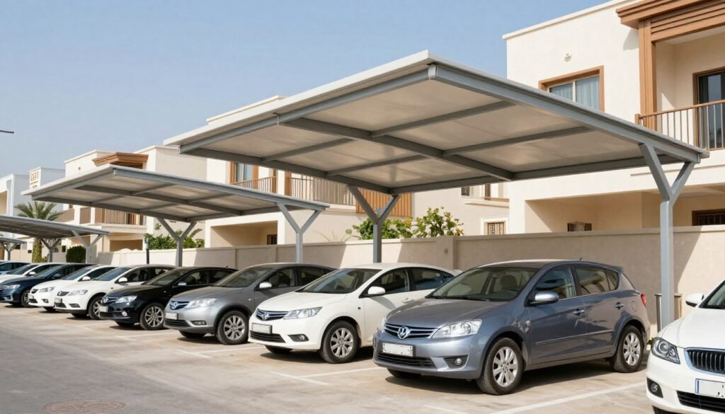 مظلات سيارات حديثة في الكويت توفر حماية كاملة من أشعة الشمس