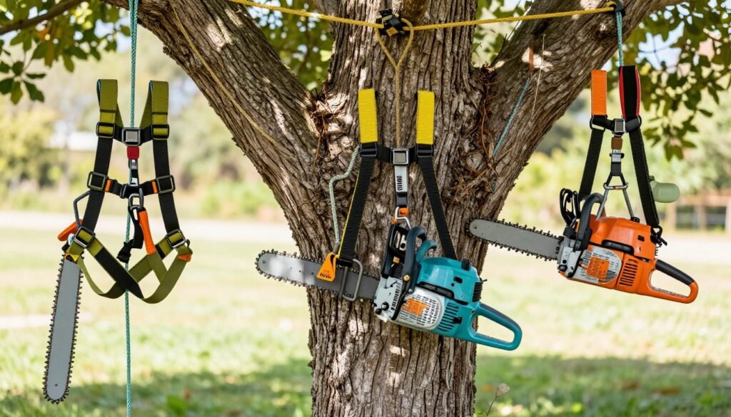 معدات احترافية لقص الأشجار الكبيرة تشمل منشار كهربائي وحبال أمان