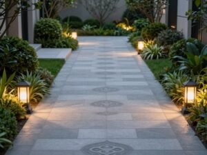 ممرات حديقة جميلة مع إضاءة ونباتات جانبية ممرات حديقة جميلة مع إضاءة ونباتات جانبية