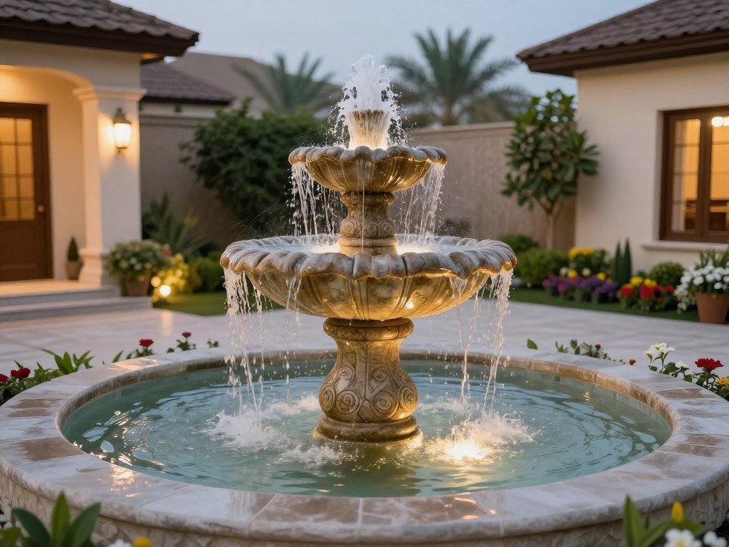 نافورة مياه جميلة في حديقة منزلية كويتية نافورة مياه جميلة في حديقة منزلية كويتية