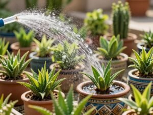 نباتات في pots تتلقى الري في حديقة كويتية