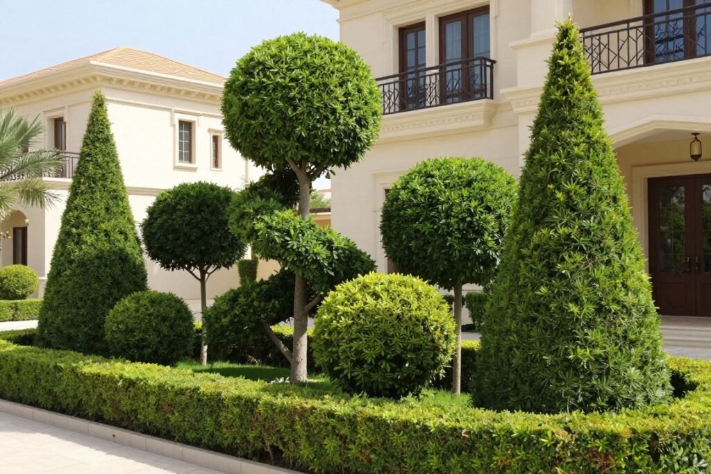 أشجار زينة مشكلة بأشكال هندسية جميلة في حديقة فيلا كويتية