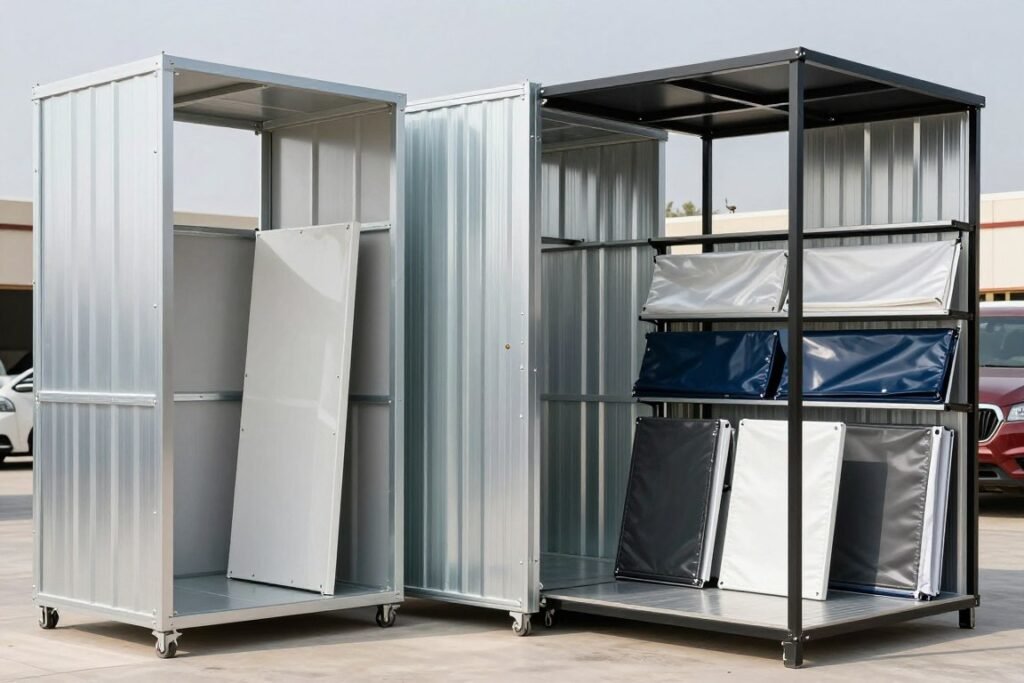 أنواع مختلفة من مظلات سيارات معروضة - حديد وPVC وقماش