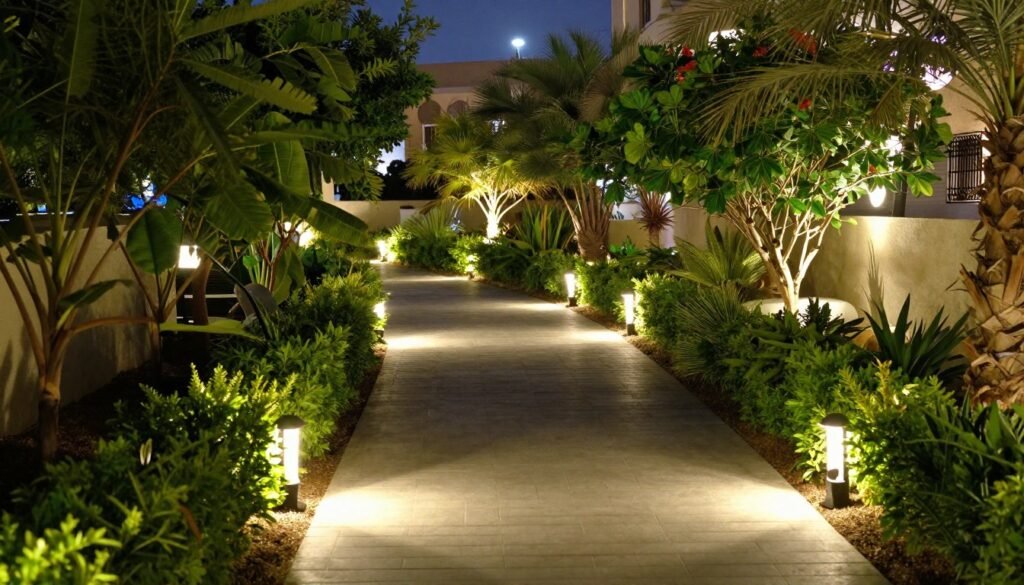 إضاءة حديقة ليلية وممرات في تنسيق حدائق بيان إضاءة حديقة ليلية وممرات في تنسيق حدائق بيان