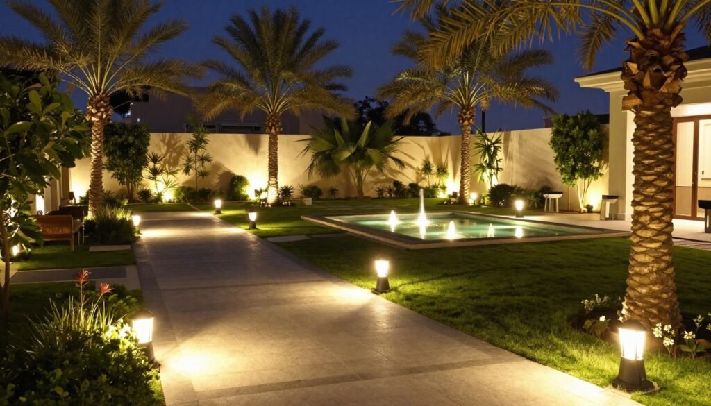 الإضاءة الخارجية في الحدائق المنزلية بالكويت ليلاً الإضاءة الخارجية في الحدائق المنزلية بالكويت ليلاً