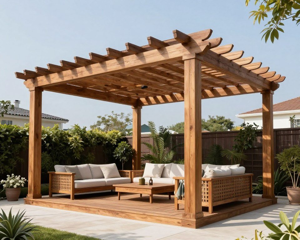 برجولا خشبية فخمة فوق جلسة خارجية واسعة