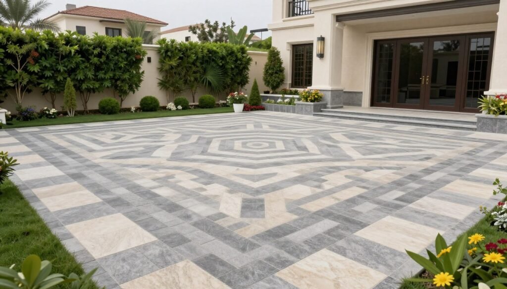 بلاط متداخل بجودة عالية في فناء فيلا فاخرة