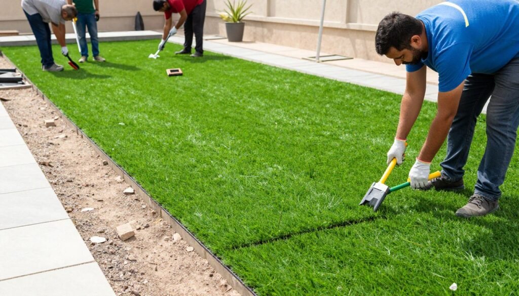 تثبيت العشب الصناعي على القاعدة تثبيت العشب الصناعي على القاعدة