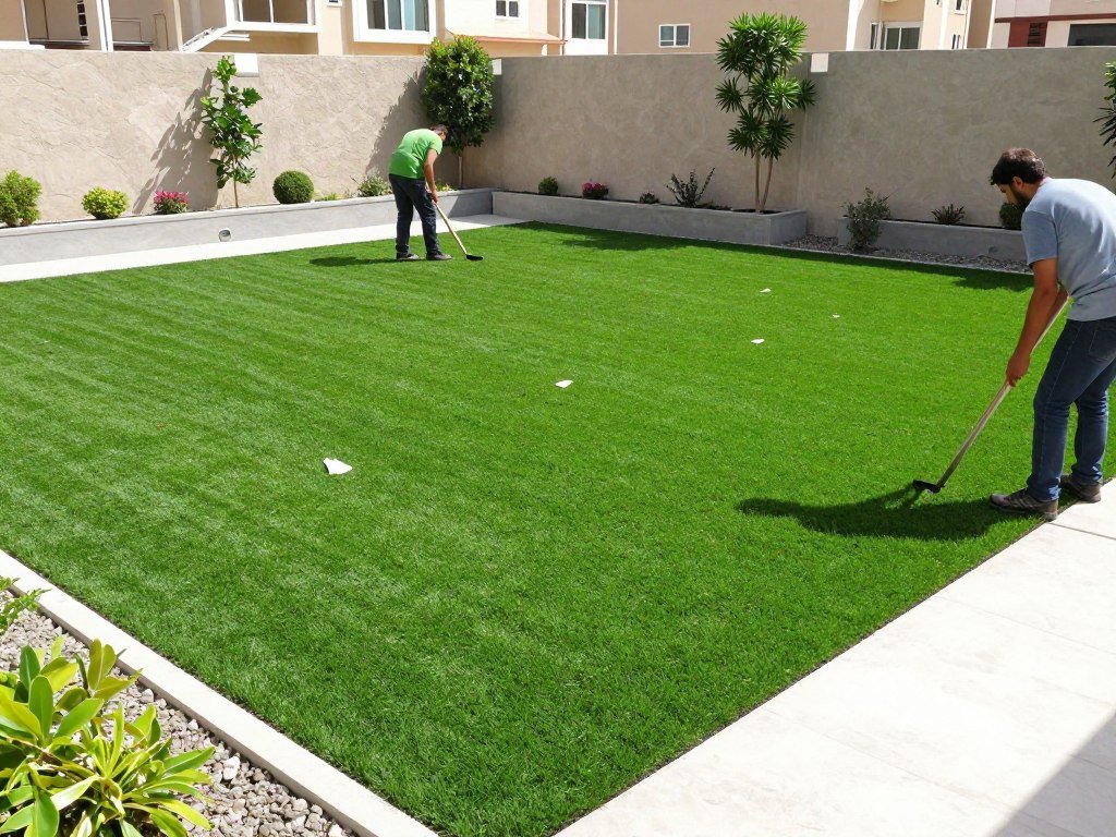 تركيب العشب الطبيعي والصناعي في حديقة كويتية