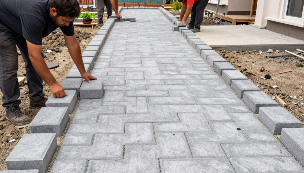 تركيب بلاط متداخل في ممر حديقة منزلية