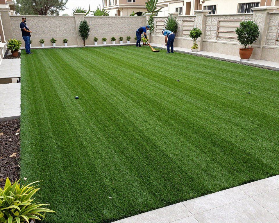 تركيب عشب طبيعي في حديقة منزل