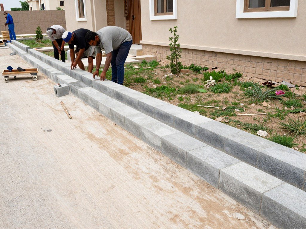 تركيب كربستون خرساني في حديقة فيلا كويتية