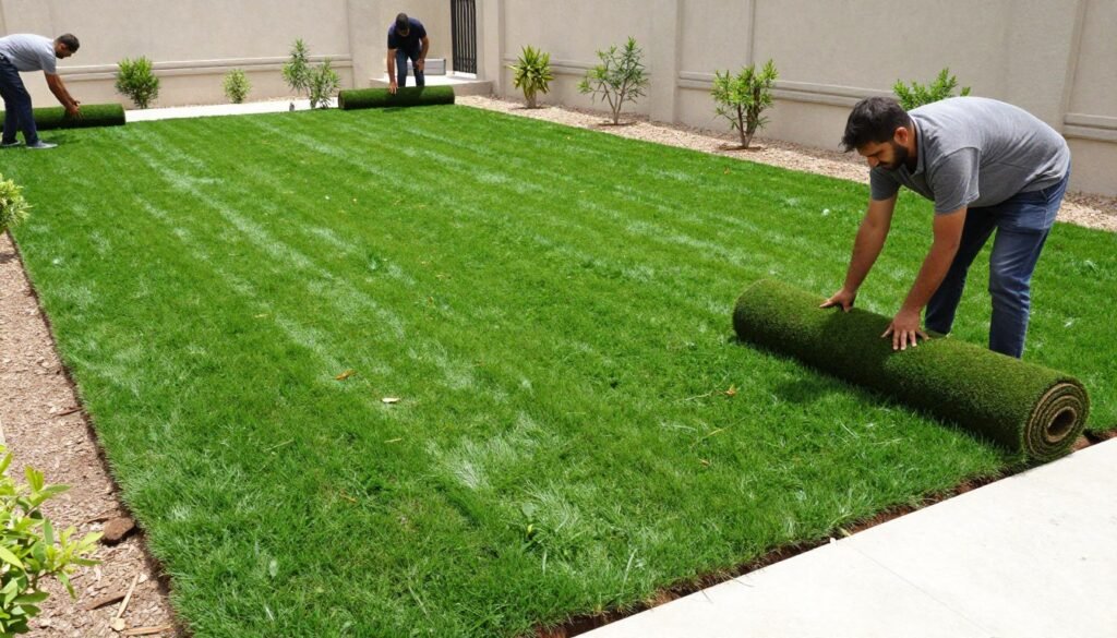 تركيب لفائف العشب الطبيعي في حديقة