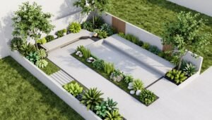 تصميم حديقة ثلاثي الأبعاد يوضح تنسيق حدائق مبارك الكبير