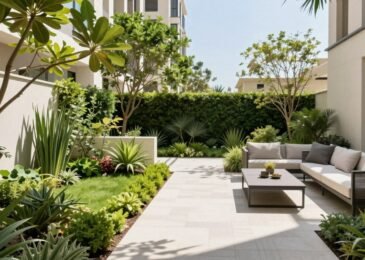تصميم حديقة فاخرة في منطقة بيان بالكويت مع نباتات متنوعة وممرات أنيقة