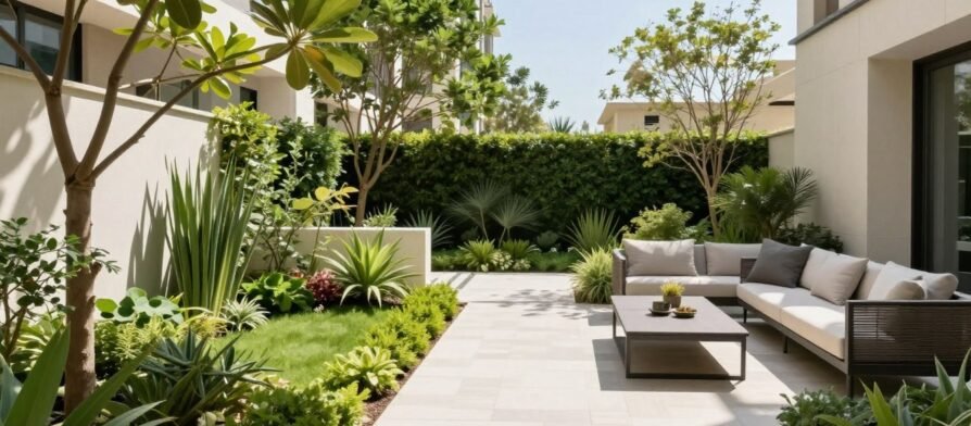 تصميم حديقة فاخرة في منطقة بيان بالكويت مع نباتات متنوعة وممرات أنيقة
