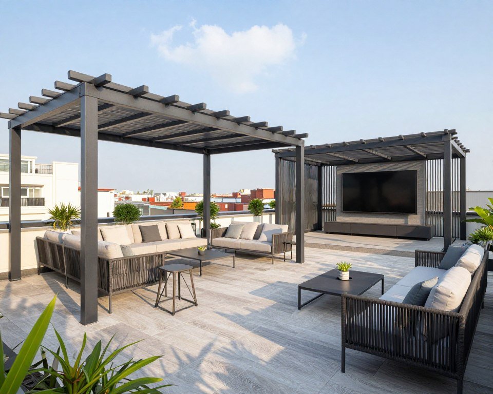 تصميم روف كامل مع جلسة خارجية ومظلات