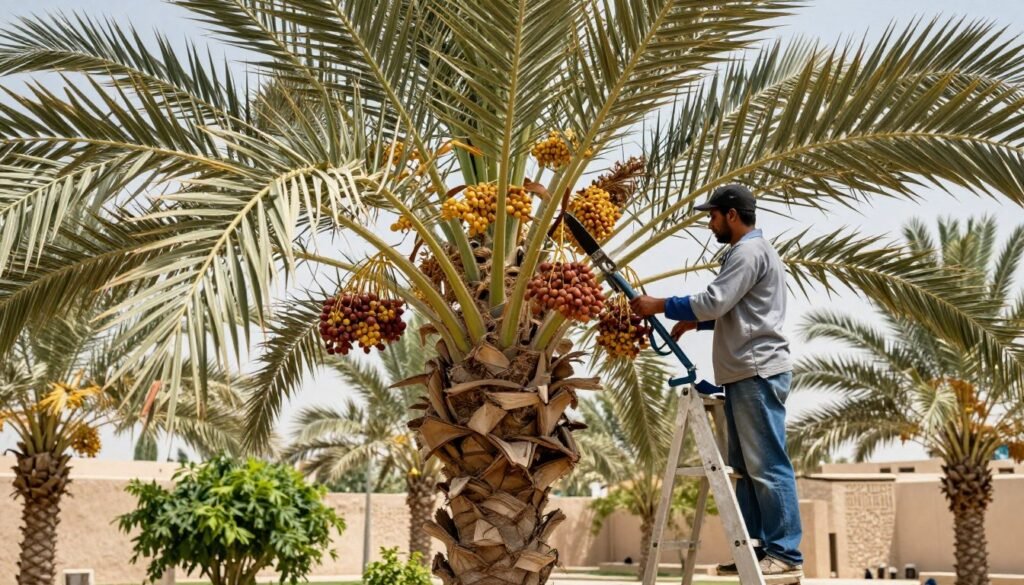 تقليم أشجار النخيل في حديقة كويتية مع تركيز على الثمار