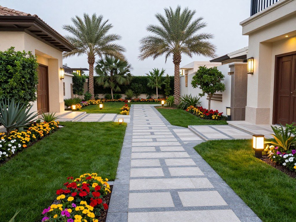 تنسيق حدائق مع بلاط متداخل