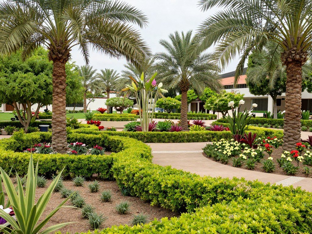 تنوع النباتات والأشجار في حديقة منسقة بصباح الأحمد تنوع النباتات والأشجار في حديقة منسقة بصباح الأحمد