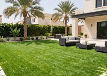 ثيل صناعي أخضر جميل في حديقة منزل كويتي حديث