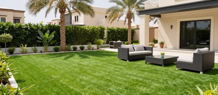 ثيل صناعي أخضر جميل في حديقة منزل كويتي حديث