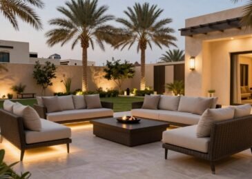جلسات خارجية فخمة في حديقة فيلا كويتية مع أثاث خارجي مودرن وإضاءة ليلية
