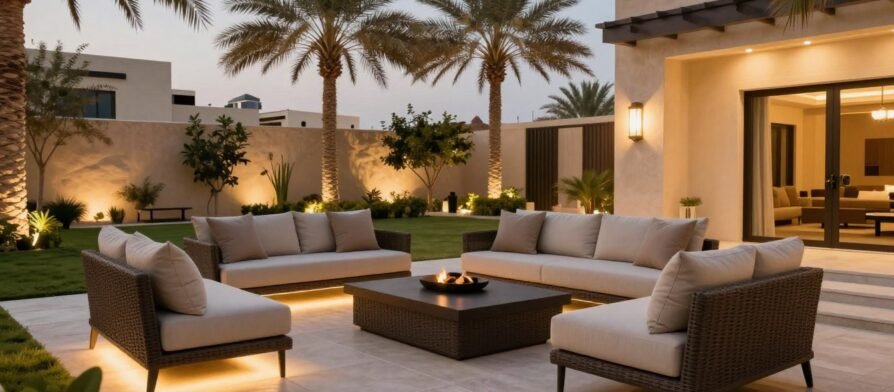 جلسات خارجية فخمة في حديقة فيلا كويتية مع أثاث خارجي مودرن وإضاءة ليلية