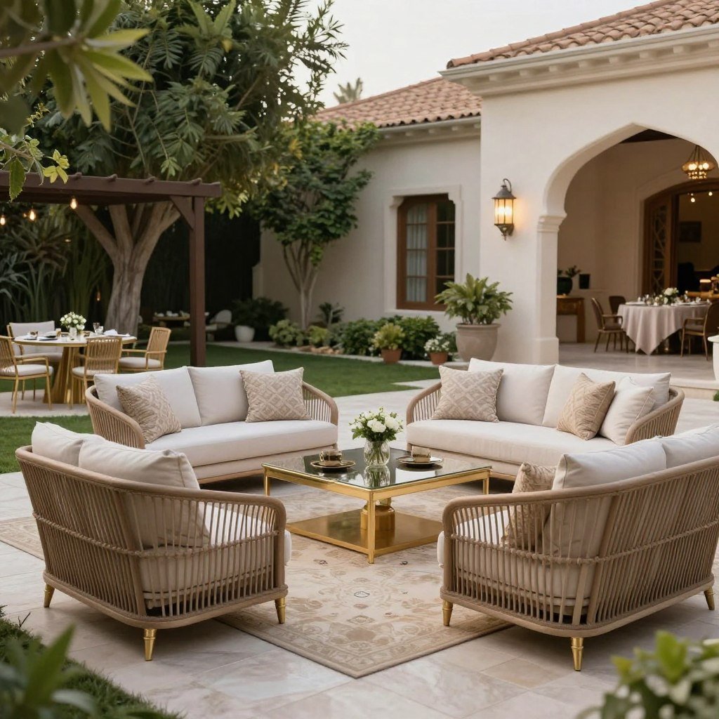 جلسة خارجية أنيقة للاستقبال في حديقة فيلا
