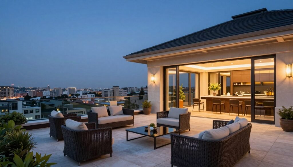 جلسة خارجية فخمة على سطح فيلا مع إطلالة وإضاءة ليلية مميزة