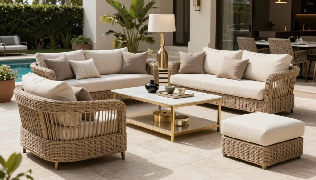 جلسة خارجية فخمة مع تفاصيل راقية وأثاث عالي الجودة