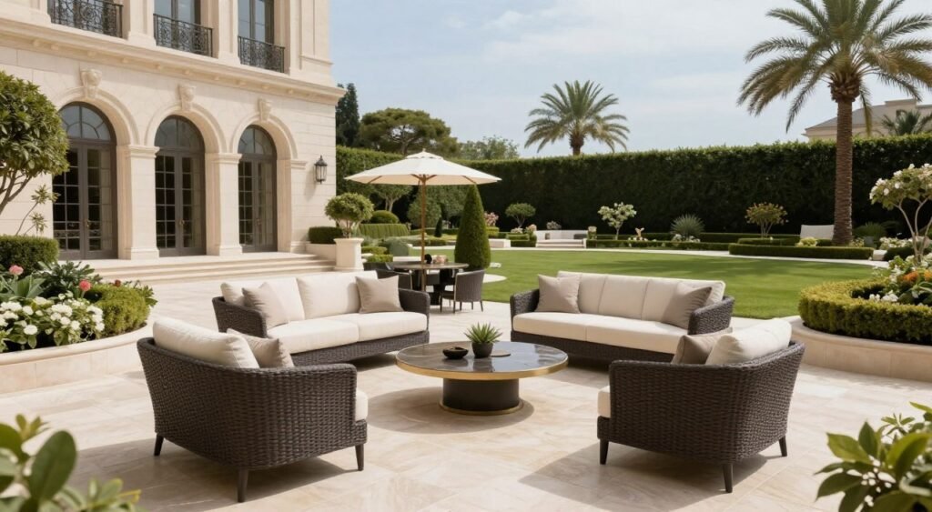 جلسة خارجية فخمة وواسعة في حديقة قصر مع أثاث راقي