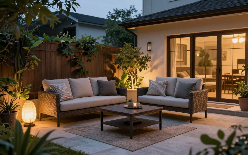جلسة خارجية مريحة في حديقة منزلية صغيرة مع نباتات وإضاءة جميلة
