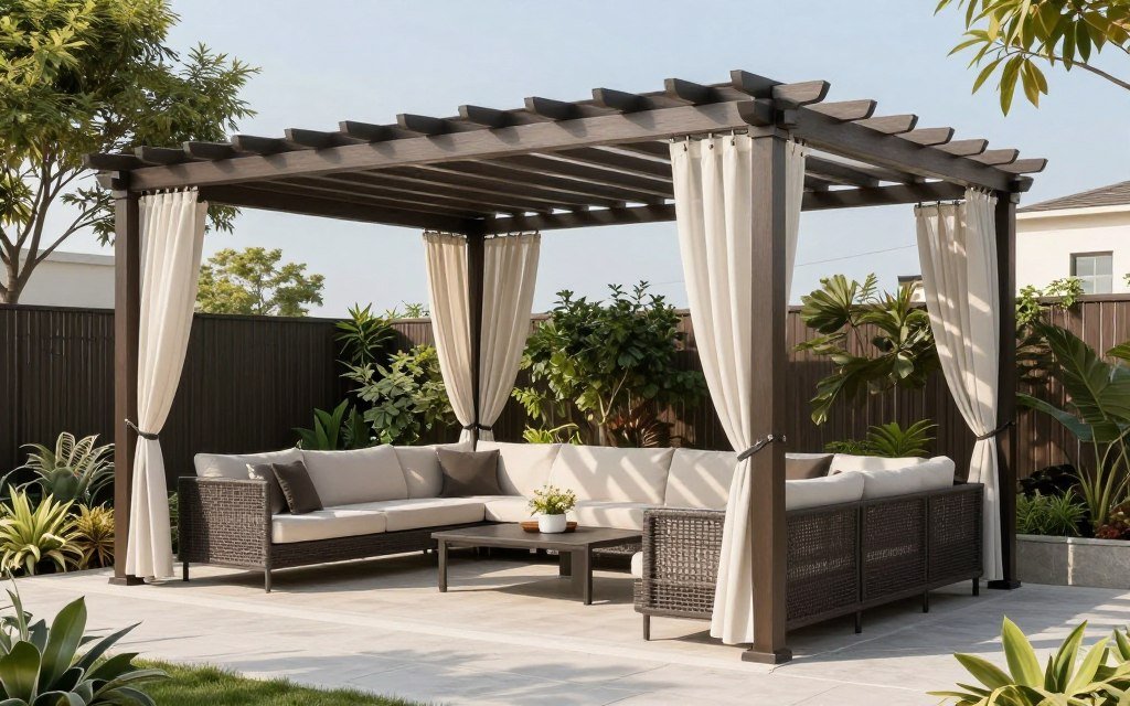 جلسة خارجية مع مظلة أنيقة للحماية من الشمس