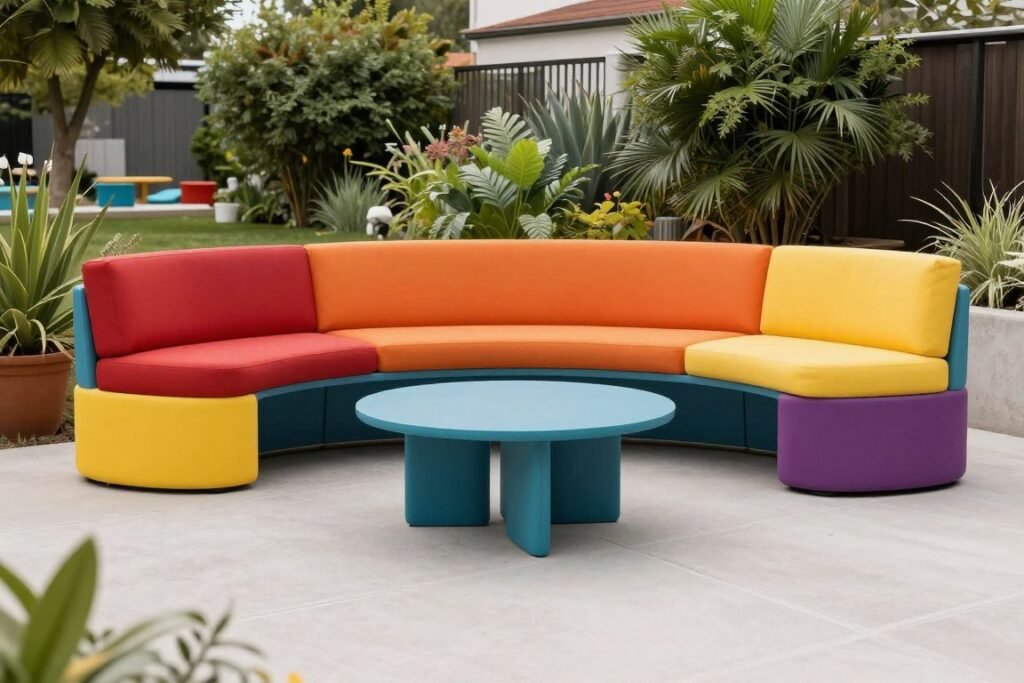 جلسة خارجية معاصرة مع ألوان جريئة وتصميم مبتكر
