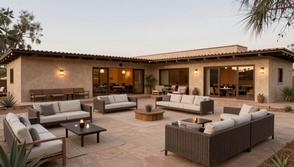 جلسة خارجية واسعة في استراحة مع مساحات جلوس متعددة