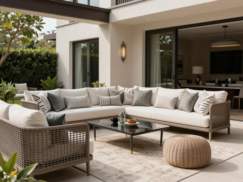 جلسة رئيسية فخمة مع أثاث خارجي راقي ووسائد فاخرة