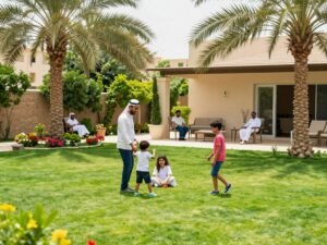 حدائق منازل الجهراء مع عائلة تستمتع بالمساحات الخضراء