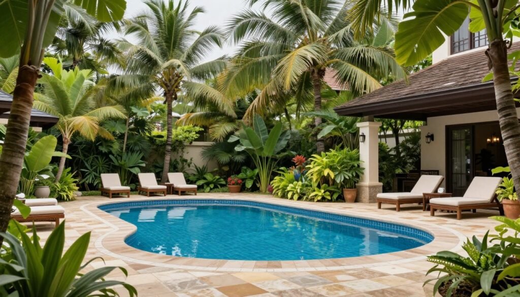 حديقة جميلة حول حمام سباحة مع نباتات استوائية حديقة جميلة حول حمام سباحة مع نباتات استوائية