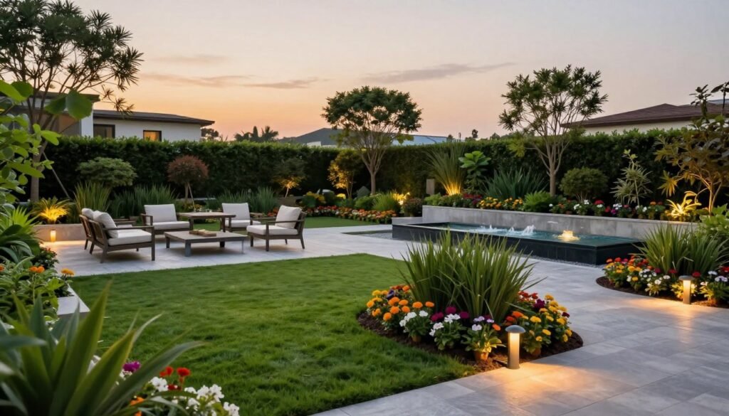 حديقة جميلة منسقة في صباح الأحمد عند الغروب حديقة جميلة منسقة في صباح الأحمد عند الغروب