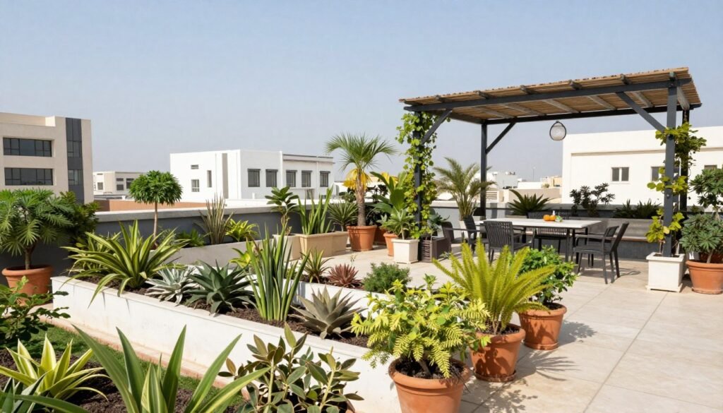 حديقة سطح جميلة مع نباتات ومنطقة جلوس حديقة سطح جميلة مع نباتات ومنطقة جلوس