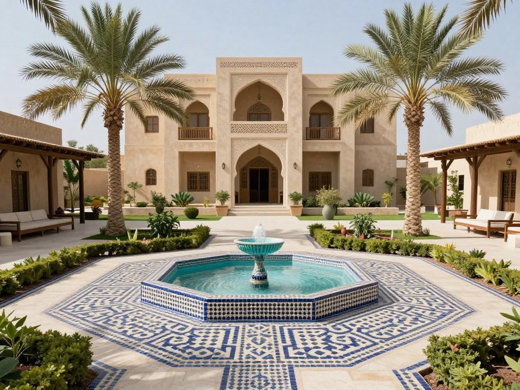 حديقة عربية تقليدية مع نافورة وأشجار نخيل في الأحمدي حديقة عربية تقليدية مع نافورة وأشجار نخيل في الأحمدي