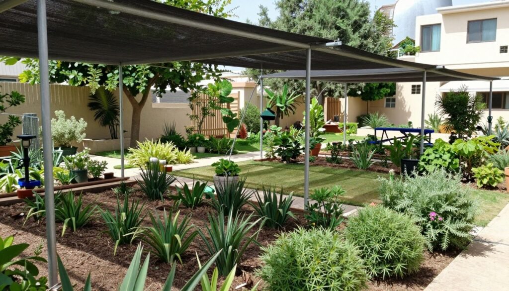 حديقة في الصيف مع نظام ري وظلال واقية حديقة في الصيف مع نظام ري وظلال واقية