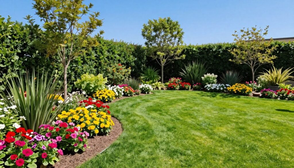 حديقة كويتية في فصل الربيع مع زهور ملونة حديقة كويتية في فصل الربيع مع زهور ملونة