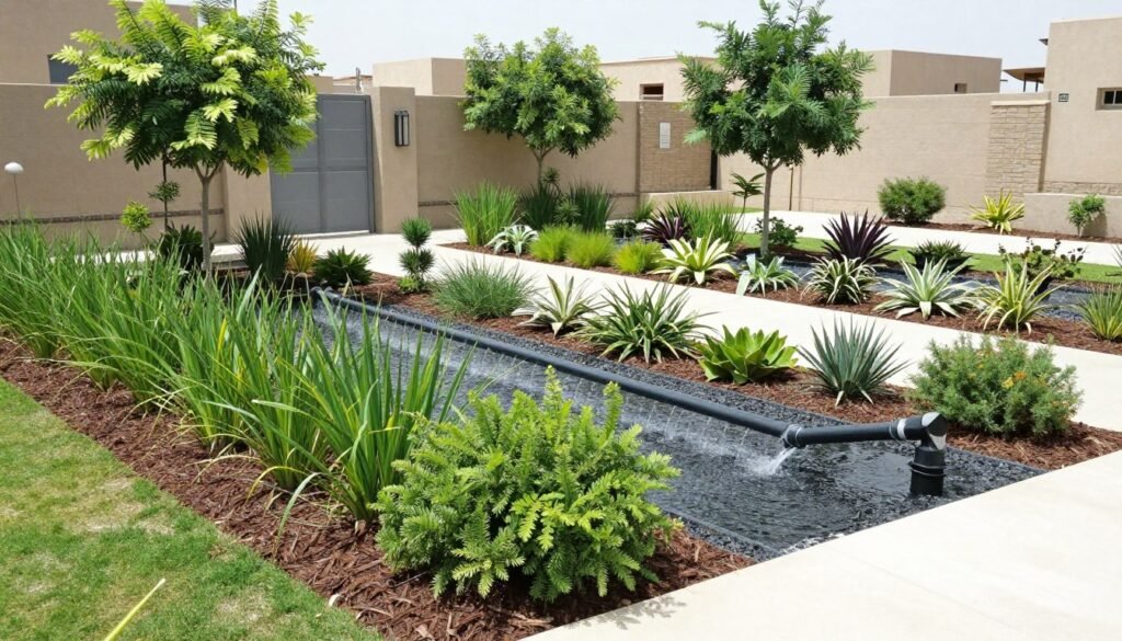 حديقة مستدامة مع نباتات محلية ونظام ري موفر للماء حديقة مستدامة مع نباتات محلية ونظام ري موفر للماء