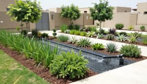 حديقة مستدامة مع نباتات محلية ونظام ري موفر للماء